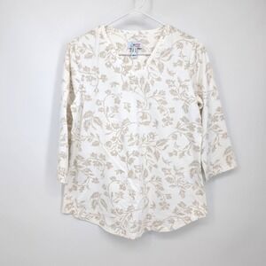 Denim & Co. Top White Floral 3/4 Sleeve V-Neck Shirt Women's XS Extra Small‎